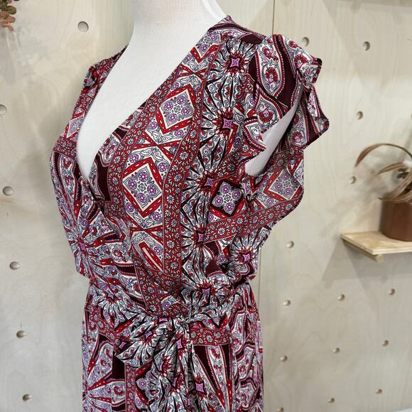 ELLA MOSS Flutter Sleeve Wrap Dress Size S Red Purple Boho Print Midi Dress - Picture 3 of 11